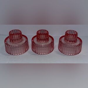 3 Glass Pink Taper Candlestick/Tealight Holders. Set of 3.